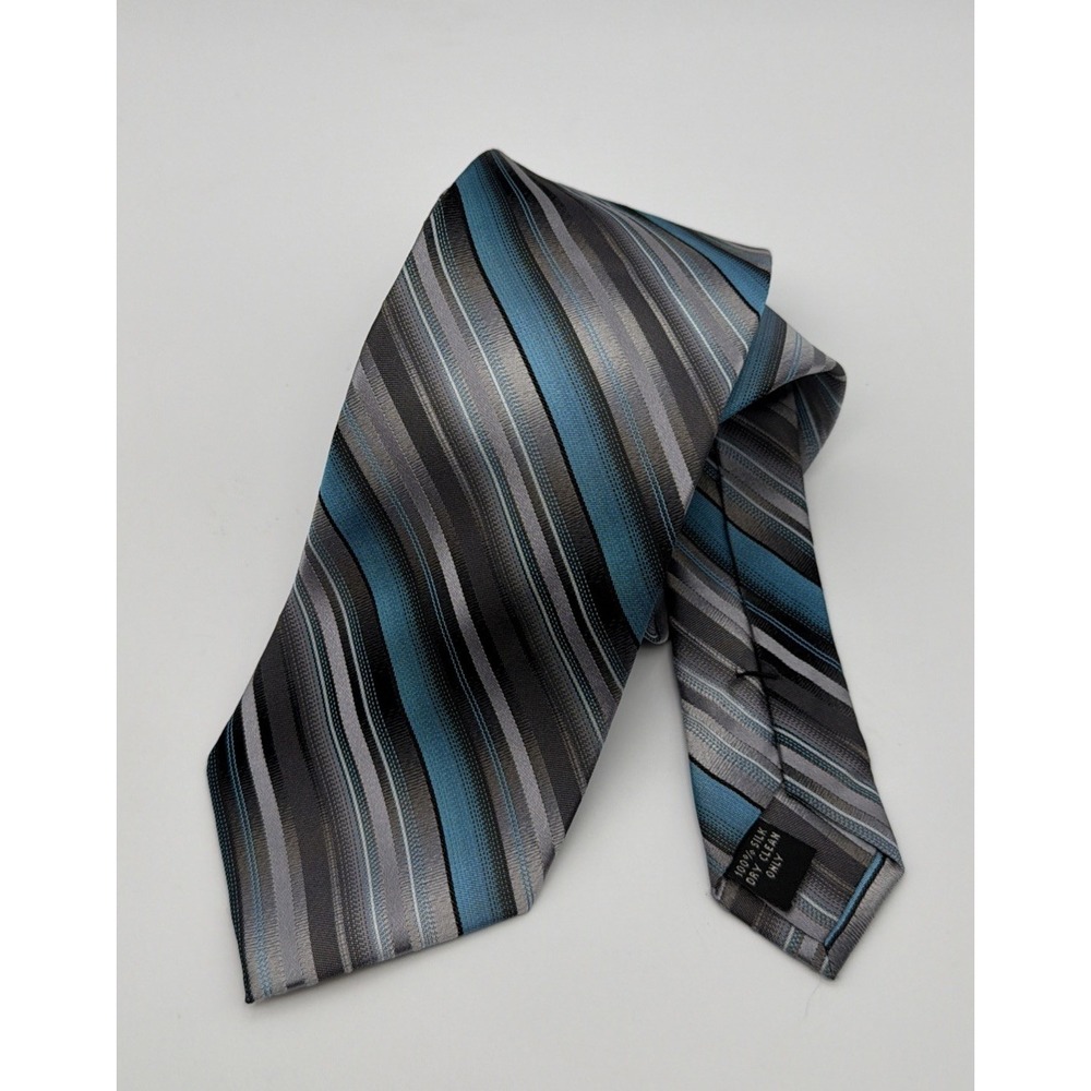 Pronto Uomo Mens Silk Tie Blue Silver Black Diagonal Striped Hand Made Necktie